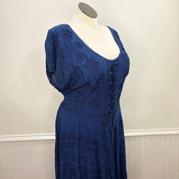 Lapogee Asymmetric Dress Embroidered Milk Maid Lace Up Boho Fairy Renaissance - Picture 14 of 14